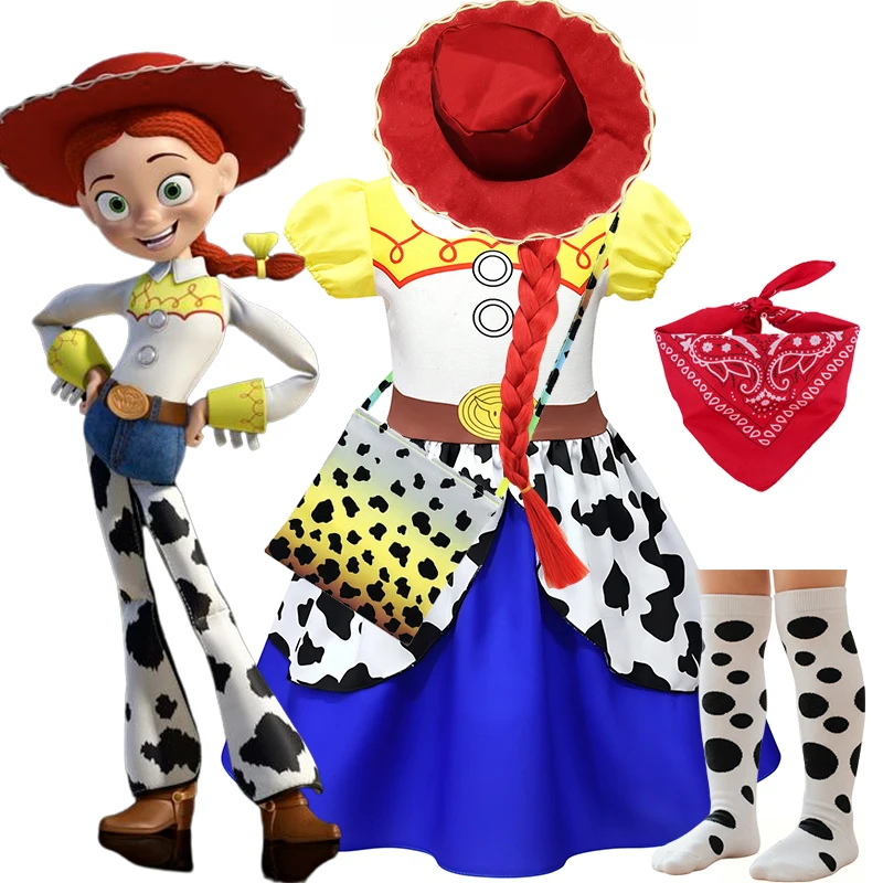 2026 Girls Cosplay Disney Toy Story Jessie Costume Western Cowgirl Dress Halloween Party Fantasia Outfit Kids Cowboy Hat Scarf