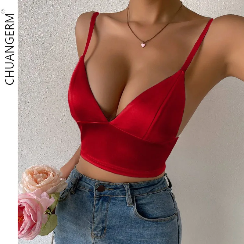 

CHUANGERM Sexy Women's Corset Sleeveless V-neck Backless Bandage Solid Underwear Hollowed Out Slim Fishbone Crop Top Bustier