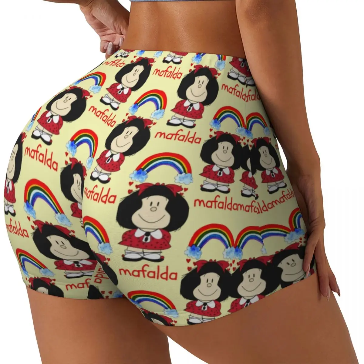 Custom Quino Comic Mafalda Rainbow Workout Biker Running Shorts Women Argentine Cartoon Gym Yoga Shorts