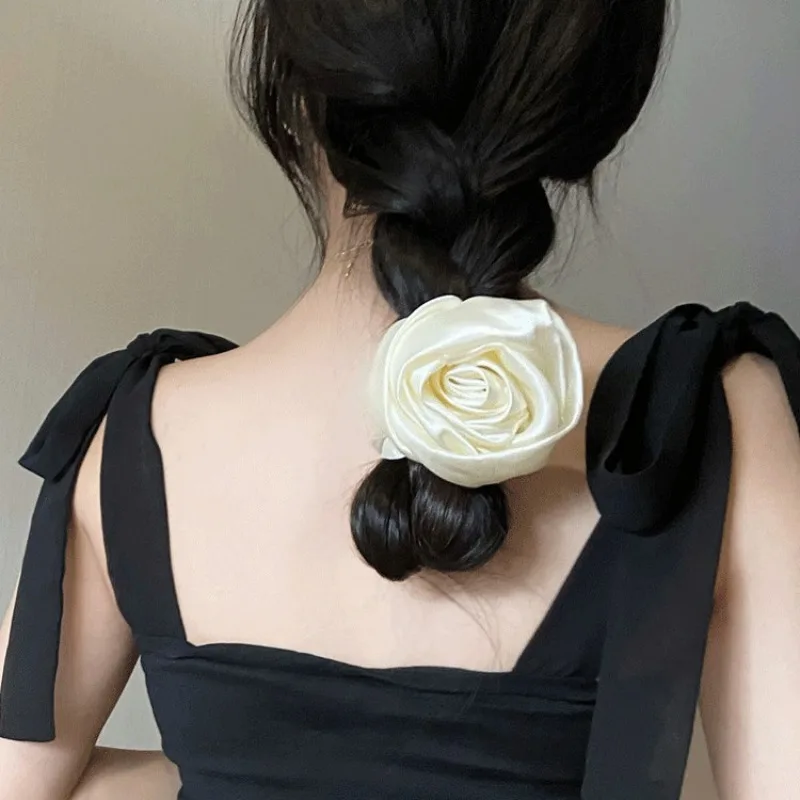 

Fashion Handmade Satin Rose Flower Hair Ring Womans Elegant Headband High Elastic Rubber Band Tie Ponytail Hair Rope Headdress