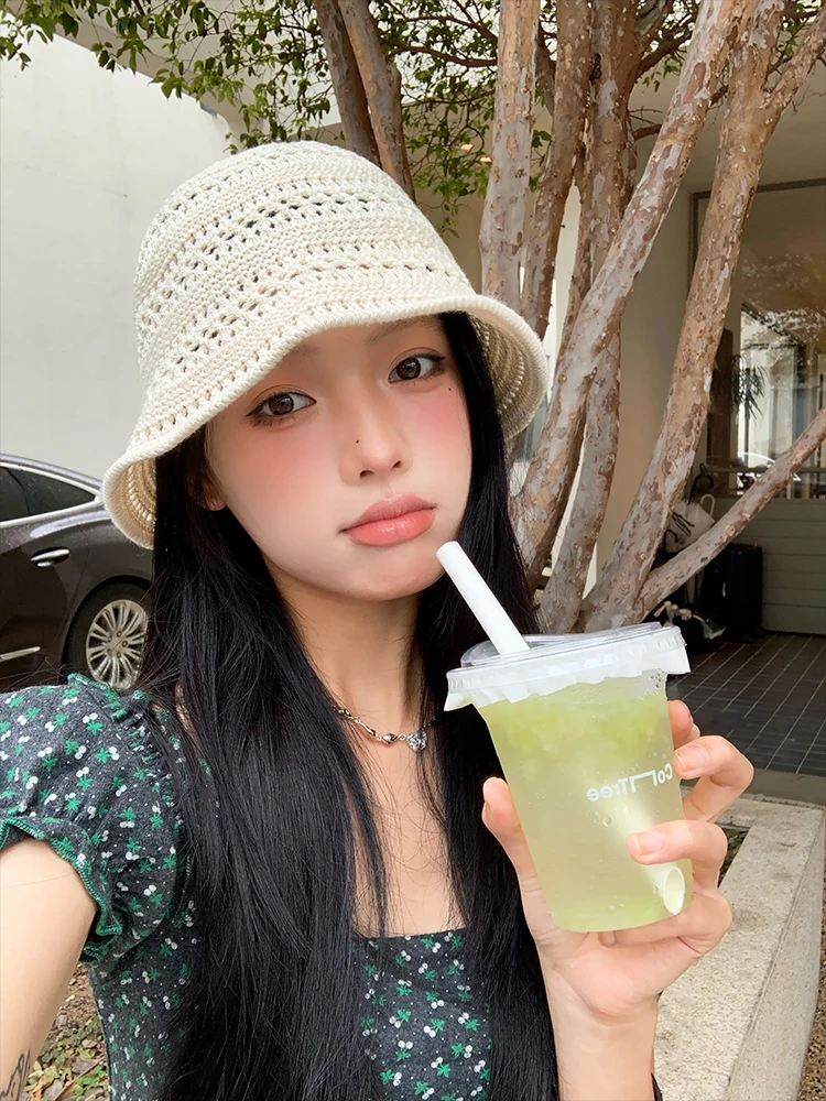 Japanese Style Knitted Hollow Fishing Cap Women Summer New Pure Color Breathable Sunscreen Bucket Hat Sun Hat Casual Style