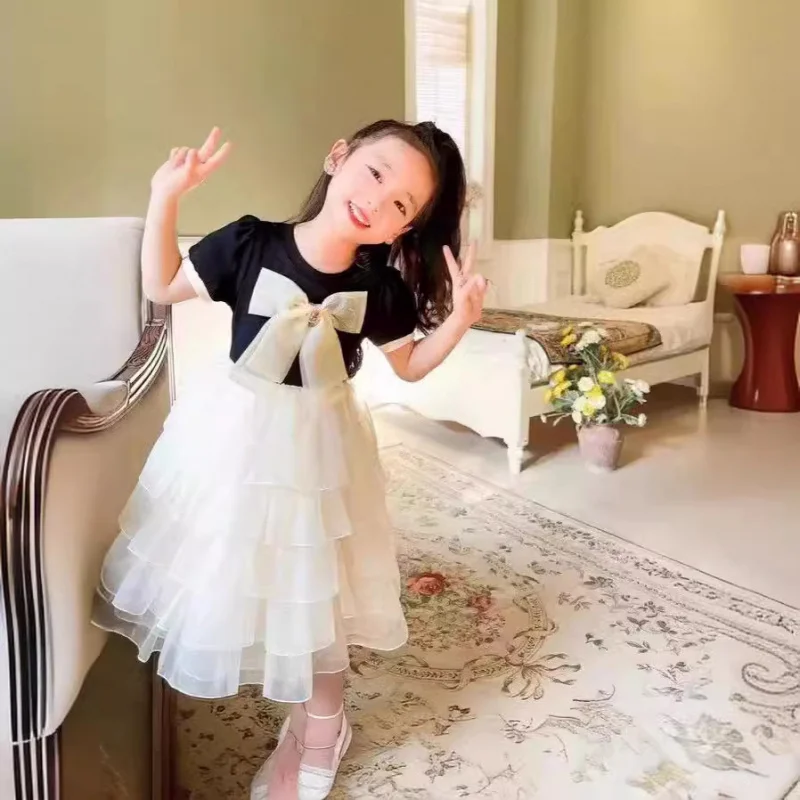 فستان بناتي بأكمام قصيرة مع فيونكة وحاشية ملفوفة فستان كعكة الأميرة