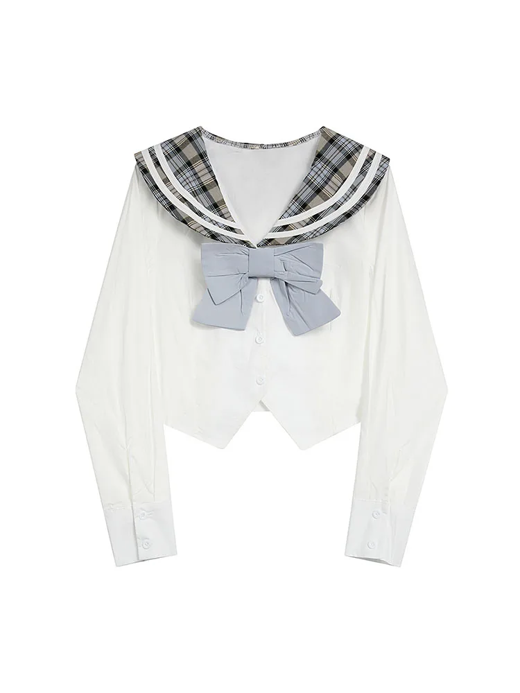 Japanese Fashion Outfits 2 Piece Set Sailor Collar Blouses Preppy Style + Classical Elegant Plaid A-Line Skirt Formal Occasion