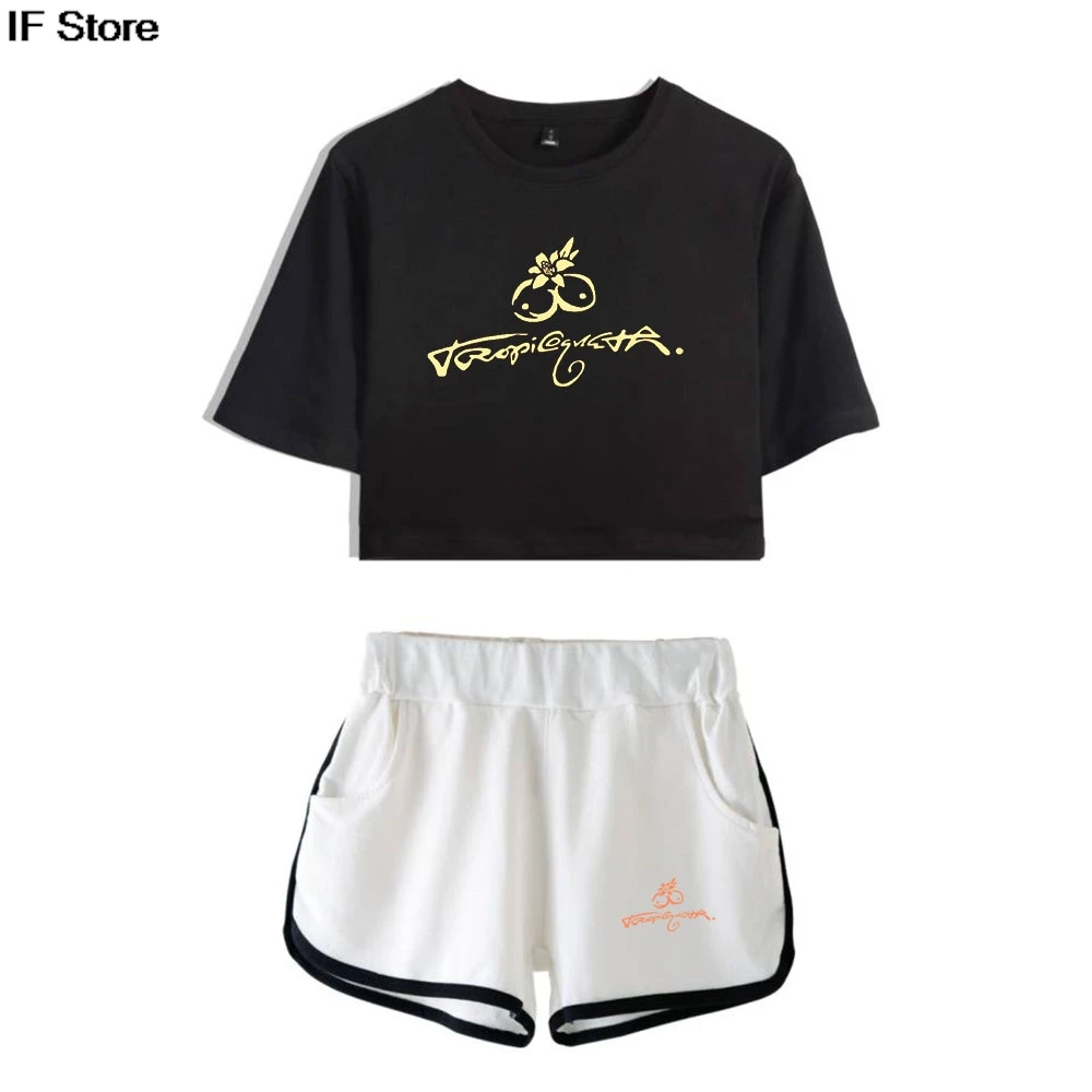 

Tropicoqueta Album Tee Shorts 2 Pieces Sets Streetwear Exposed navel T-shirt Unique Crop Top Fashion Short Sleeve 2 Piece Suit