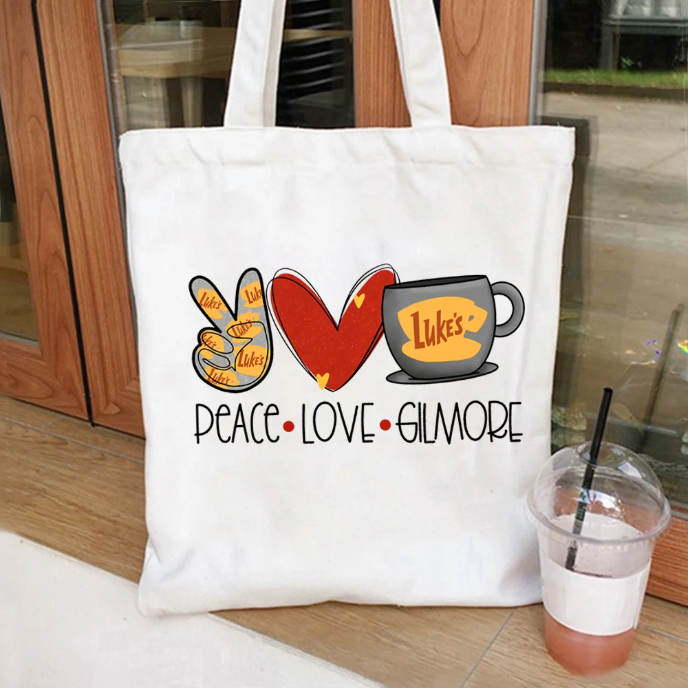 

Сумка-тоут для девочек Peace Love Gilmore, холщовые сумки для девушек, забавная Сумка-тоут для покупок со звездами люка и кофе, дорожная сумка-тоут для ТВ-шоу