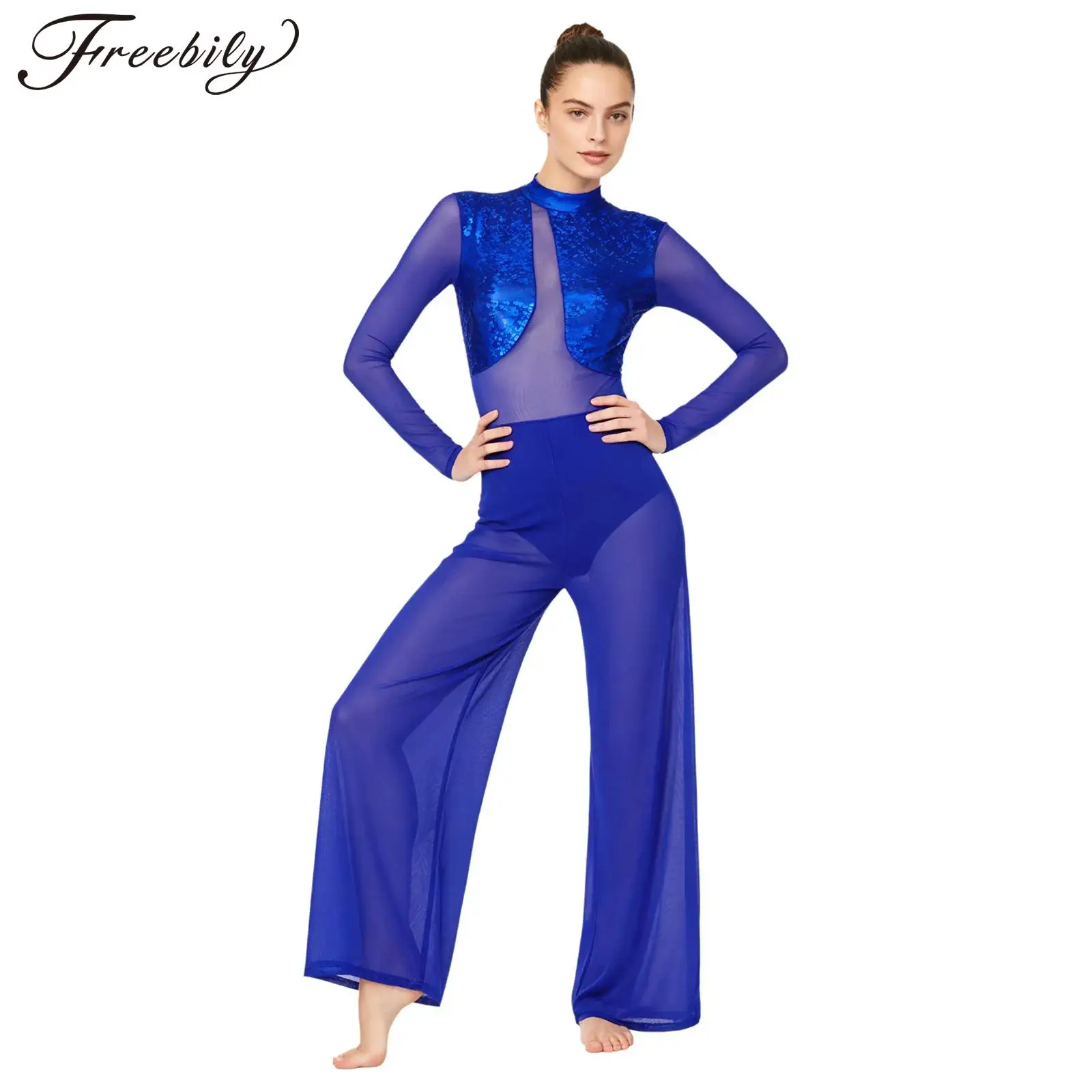 

Women Long Sleeve Gymnastics Jumpsuit with Built-in Briefs Shiny Metallic Sheer Mesh Color Block Wide Leg Rompers Dancewear