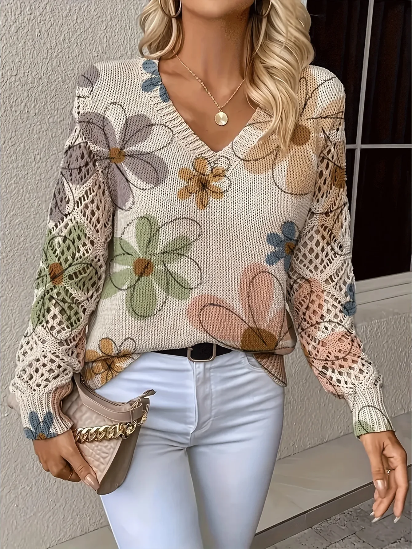 

Bohemian Floral Print Sweater Elegant V-Neck Long Sleeve Top Fashionable Overhead Shirt Cross-Border Bestseller