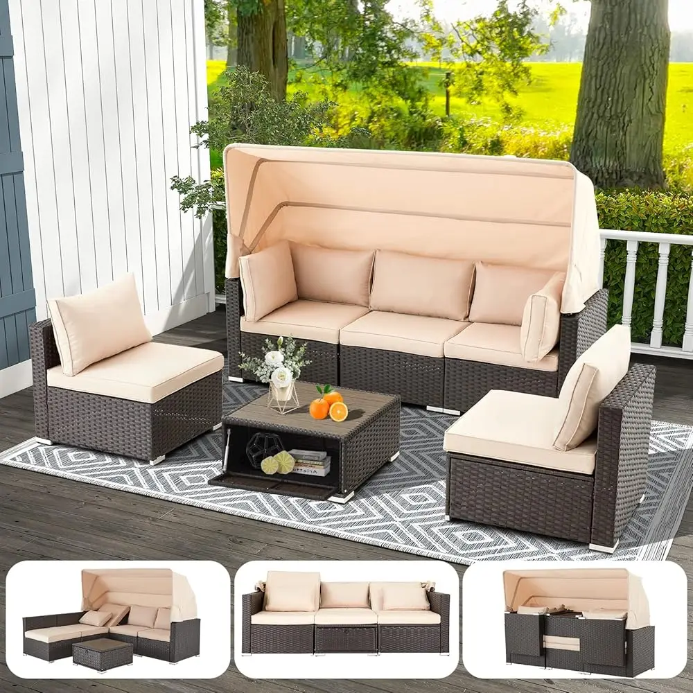 

6 Pieces Patio Furniture Sets, Rattan Daybed With Retractable Canopy, Outdoor Sectional Sofa Set With Adjustable Backrest,