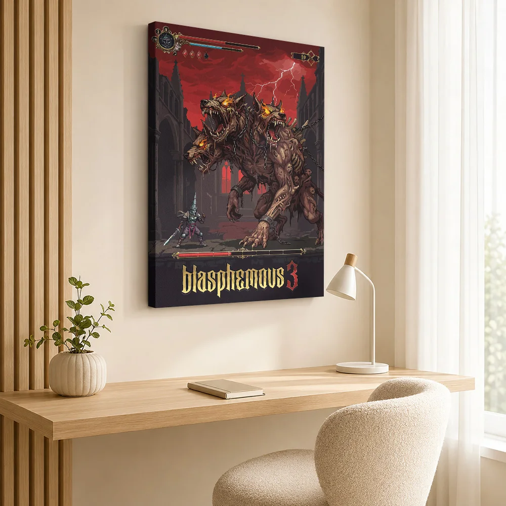 Blasphemous Cerberus Battle Framed Canvas Poster Customized Photo Pixel Illustration Wall Art For Gaming Room Horror Fan Gift