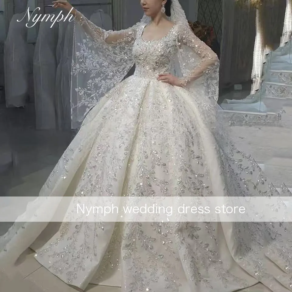 

Customized 2025Luxury Square Collar Sequin Appliques Flare Sleeves Wedding Dress Ball Gown Floor Length Sweep Train Bridal Gown