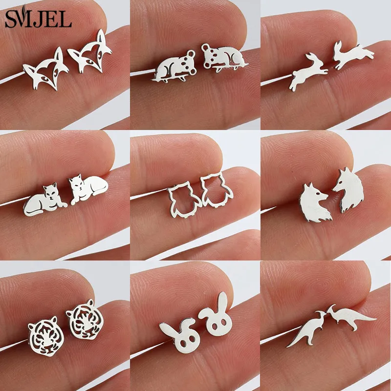 SMJEL Mini Stainless Steel Animal Earrings for Women Cartoon Koala Fox Bunny Tiger Horse Earings Punk Pterosaurs Studs Girl Gift