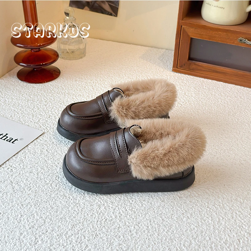 سميكة وحيد الدافئة الفراء المتسكعون الاطفال فتاة الشتاء رقيق أفخم الجلود حذاء مسطح طفل رضيع الفاخرة ريال الأرنب الفراء المدرسة Zapatos
