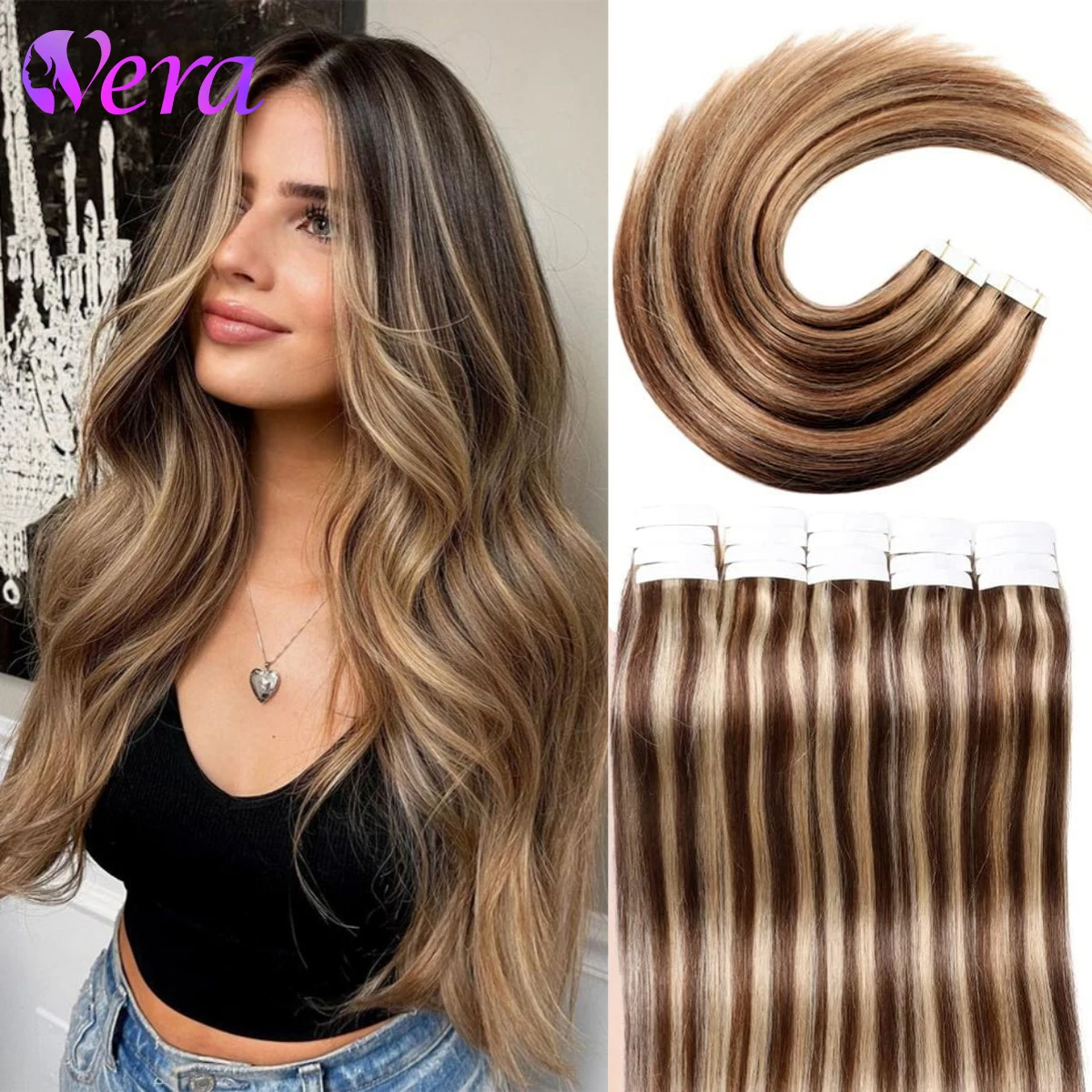 Tape In Hair Extensions Color Dark Brown #4 Highlight Blonde Tape In Hair Extensions Real Human Hair Extensions Silky Straight