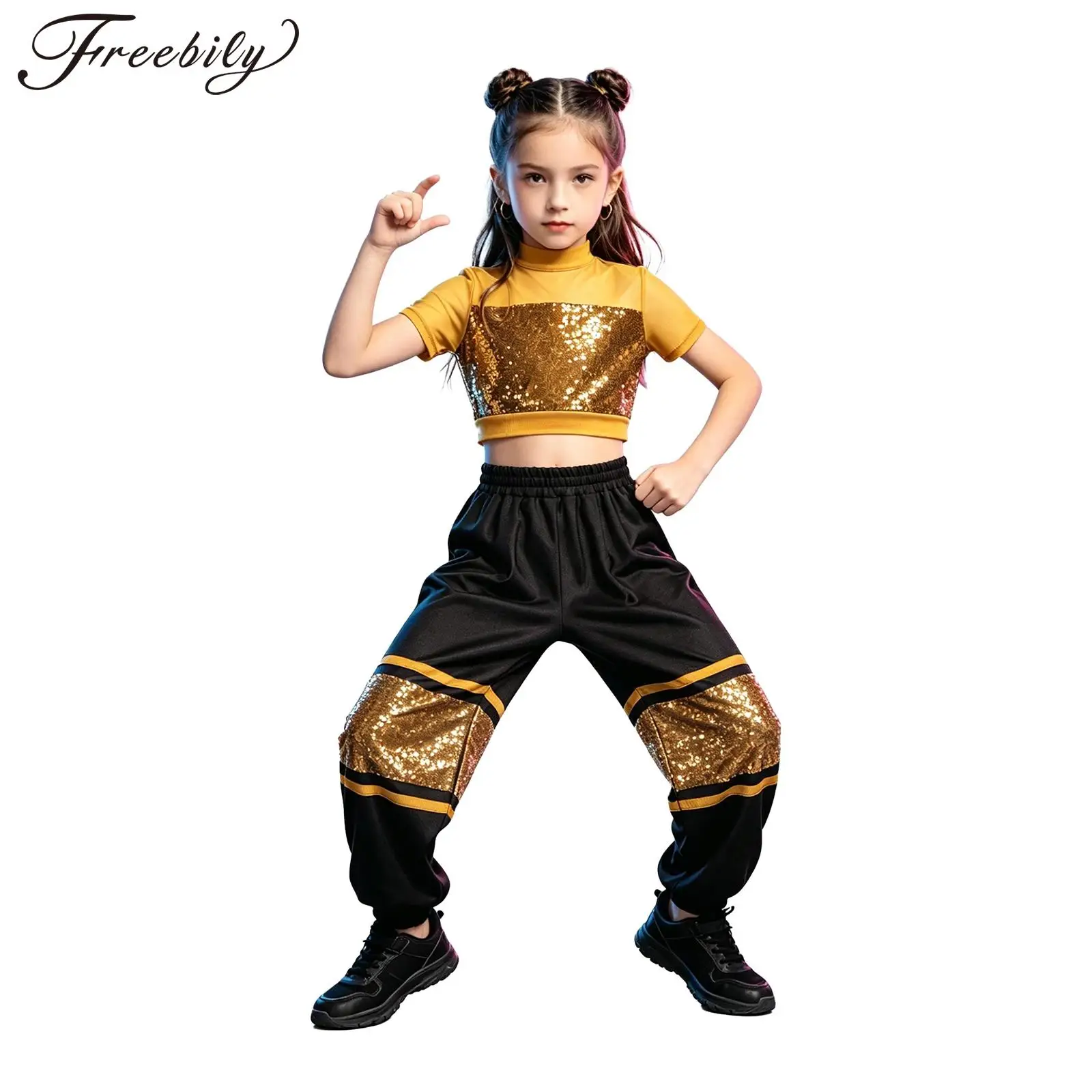 Children Girls Hip Hop Jazz Dance Outfit Short Sleeve Mesh Shiny Sequin Crop Top with Athletic Pants Modern Dancewear Streetwear