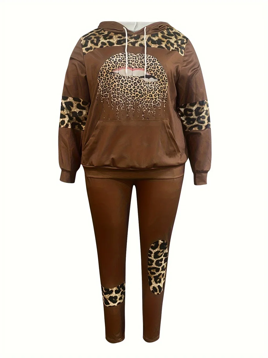 LW Plus Size Casual Outfits Set Women\'s Plus Leopard & Lip Print Long Sleeve Drawstring Hoodie & Pants Outfits 2 Piece Set