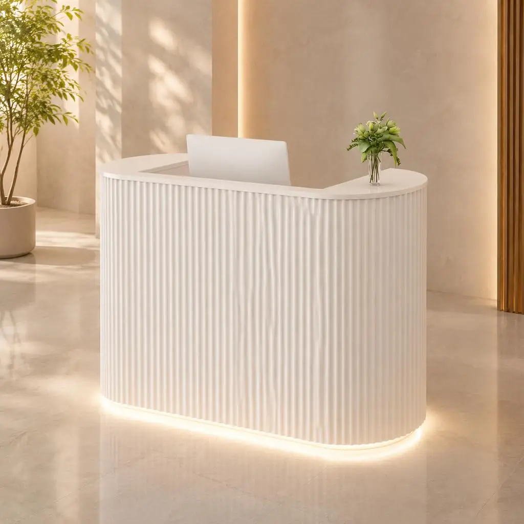 Modern Curved Reception Desk 47 Inch, LED Light Reception Counter with Power Outlet, Lockable Drawer Storage Cabinet for Salon