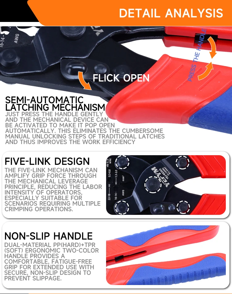 Open Barrel Terminal&Weather Pack Terminal Crimper YEJ-032BO für AWG 22-14(0,3-2mm2)Molex, Delphi, AMP/Tyco,Metri-Pack 150, 280 – Detail 9