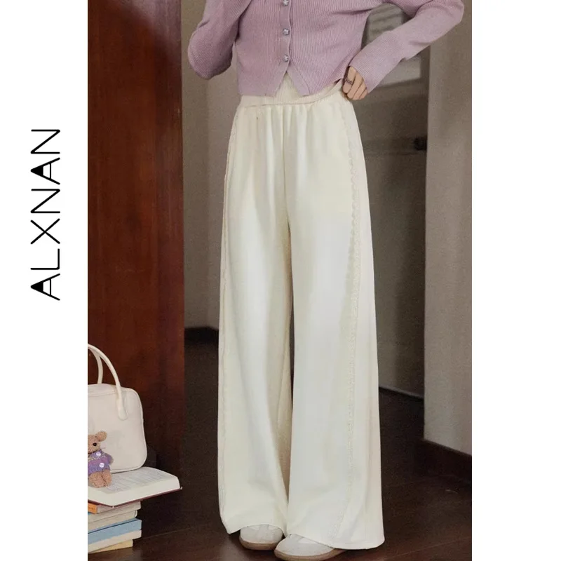 ALXNAN 2025 Autumn Women's Beige High-waist Wide-leg Straight Loose-fit Baggy Pants Casual Office Lady Trousers L569196