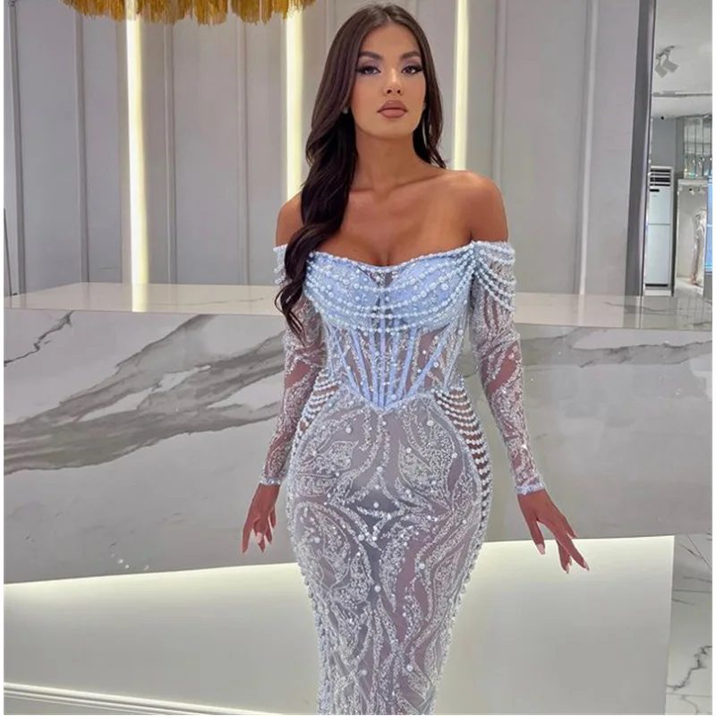 2025nova chegada requintado bordado frisado sexy sheer strapless fora do ombro vestido elegante vestido de festa