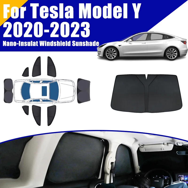 

Full Coverage Sunshades For Tesla Model Y 2020-2023 2021 2022 Car Accessories Auto Windows Visor Privacy Cover Black Foldable