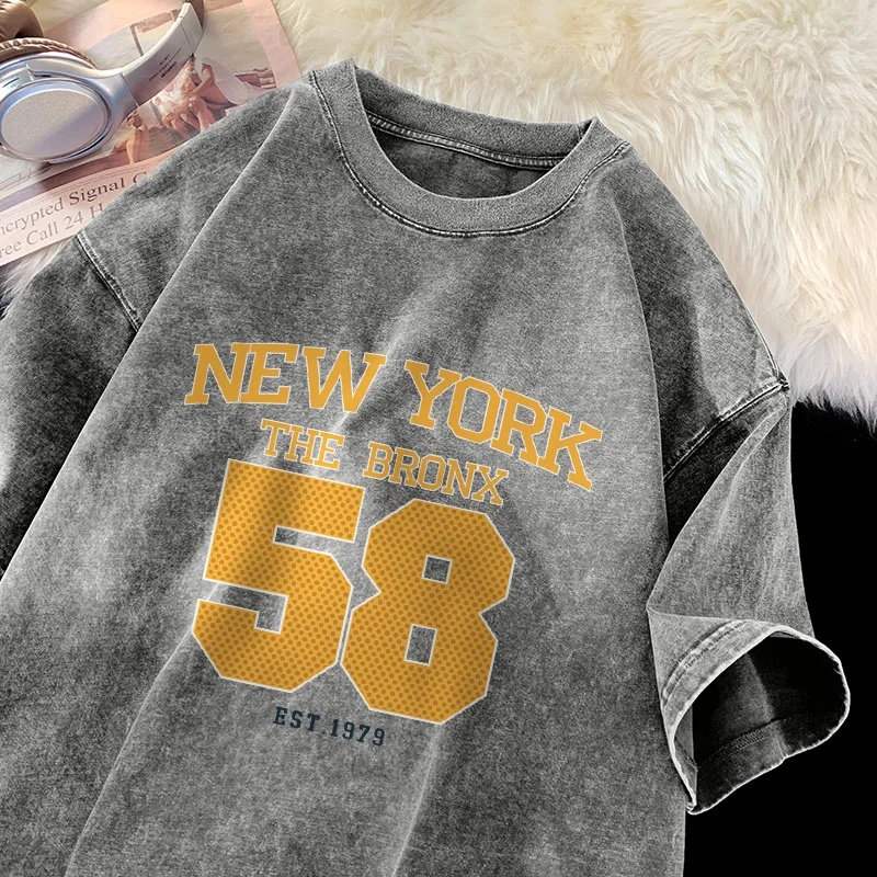 New York The Bronx Letter T-shirt Men Famous Baseball Team Shirt Cotton Retro Washed Tee Unisex Summer Fashion T-shirts Men Tiki