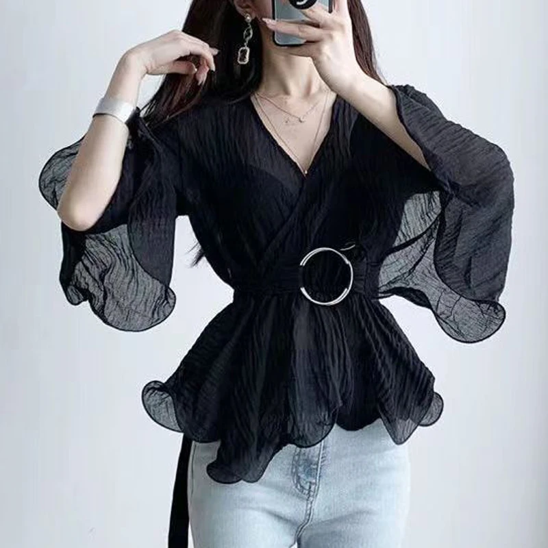 Women\'s Stylish Sexy Sheer Belt Design Blouse Elegant Deep V Neck Long Sleeve Slim Shirt Summer Solid Irregular Sweet Fairy Tops