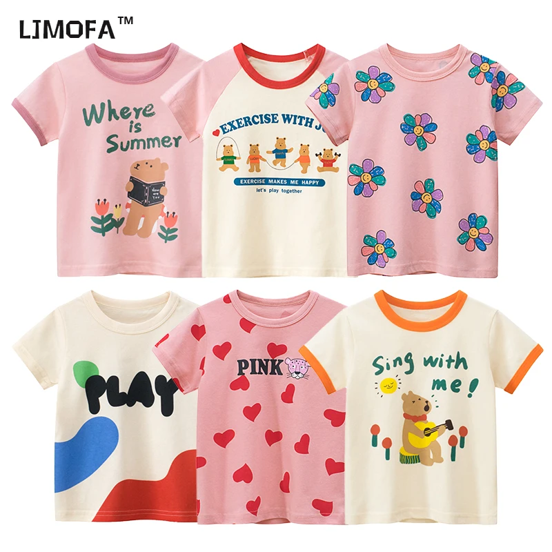 

LJMOFA Kids T-shirts Girls Summer Cartoon Printed Clothes Baby Toddler Short Sleeve Top Cute Sweet Cotton Tshirt Outfits D195