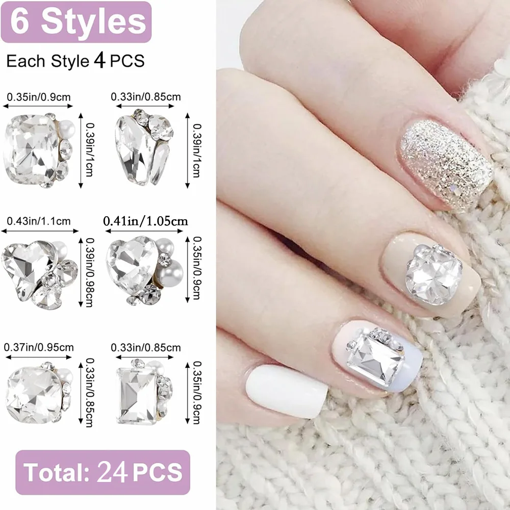 24 Uds. De dijes apilados de diamantes de imitación para uñas, corazón, formas cuadradas regordetas, decoraciones de uñas de lujo brillantes para diseño de manicura