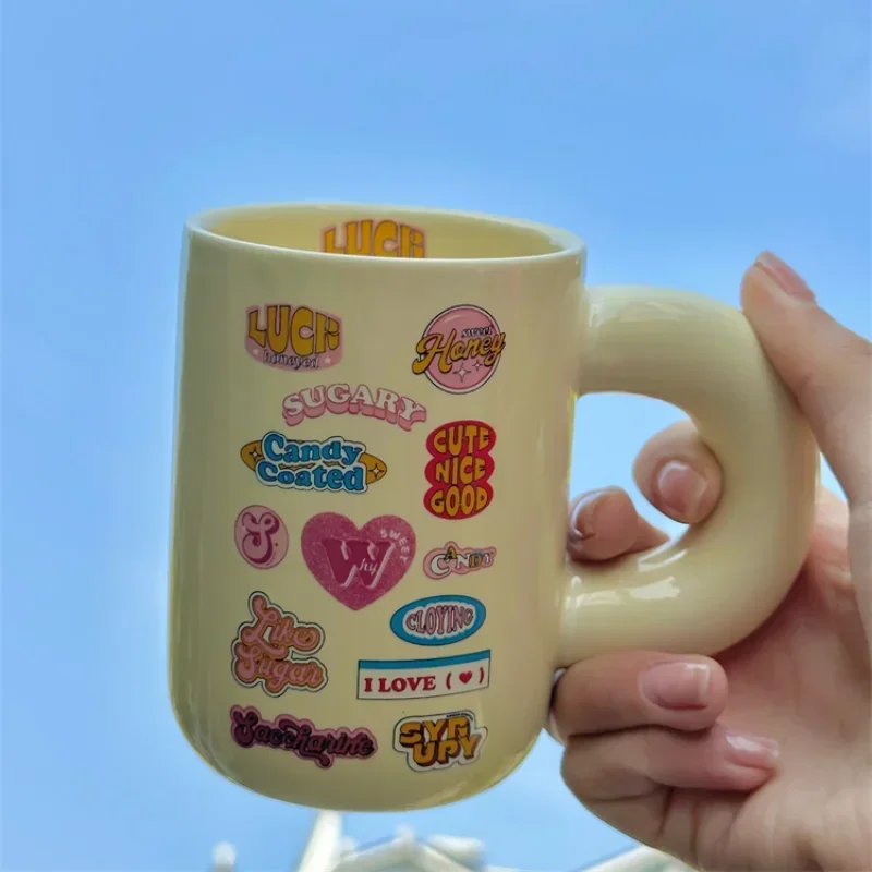 Cute Funny Typeface Birthday Happy Cup Korean Chubby Handle Ceramic Mug Girl Heart Milk Coffee Cup for Girls Christmas Gift