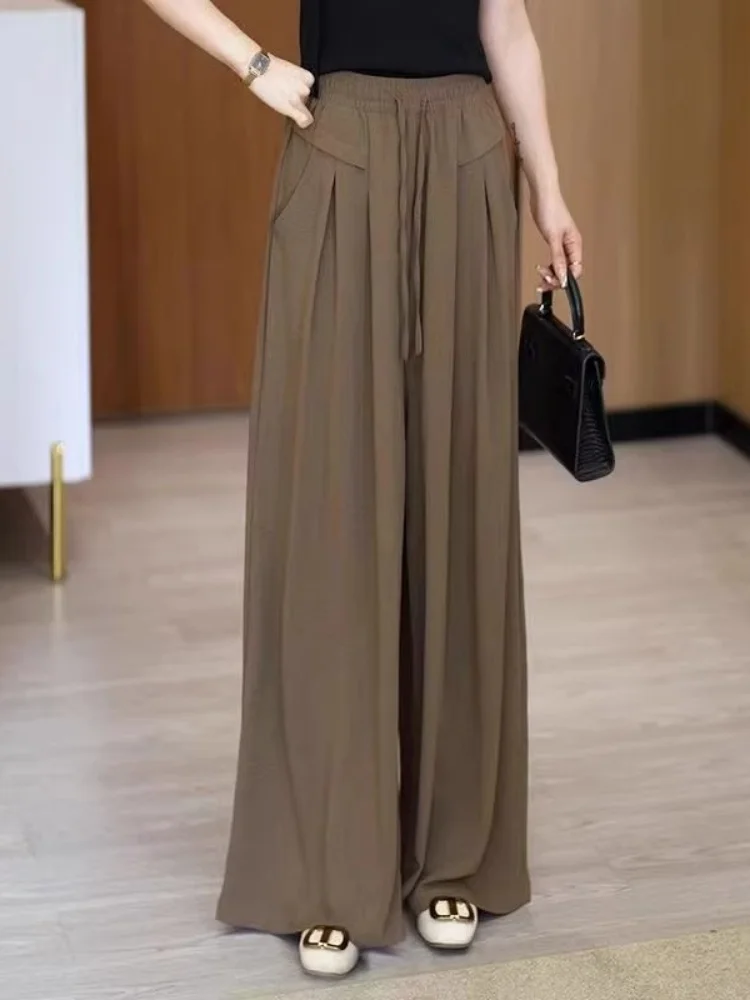 

Брюки с высокой талией, широкие, струящиеся, свободного кроя, летние, тонкие, для женщин среднего возраста, повседневные, длинные, удобные, свободные