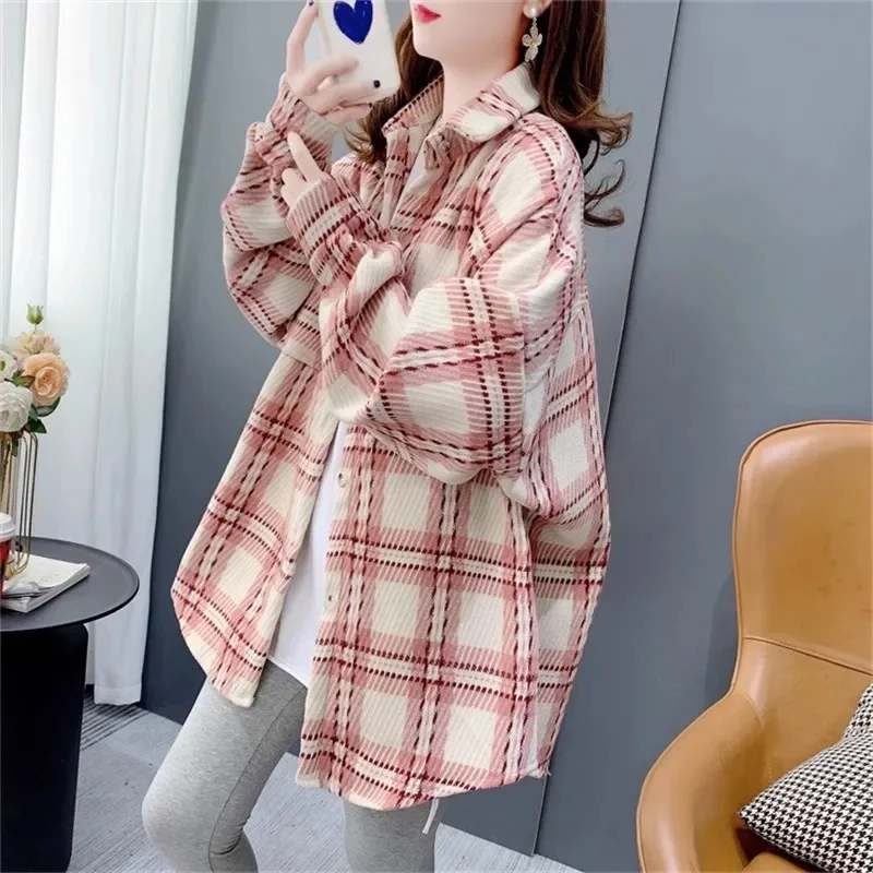 ربيع الخريف رقيقة الرملي منقوشة قميص المرأة 2025 جديد حجم كبير معطف تصميم الشعور ملابس خارجية الإناث ملابس خارجية فضفاضة المد #5