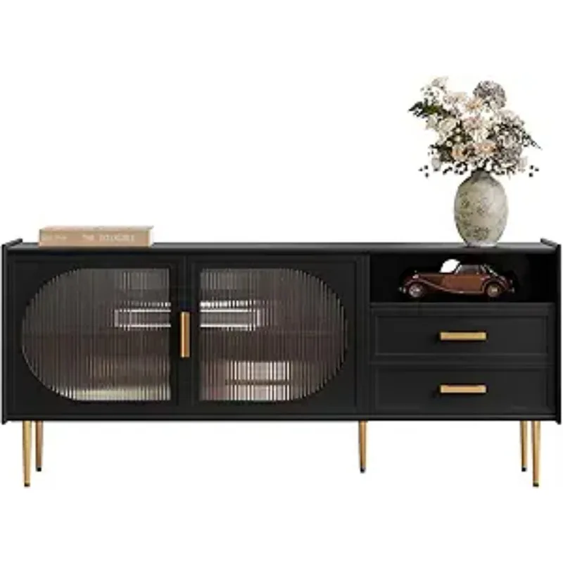 Modern 60 Inch TV Stand with Glass Doors and Drawers Storage Media Console Cabinet for 55 60 65 Inch TVs Black Wood