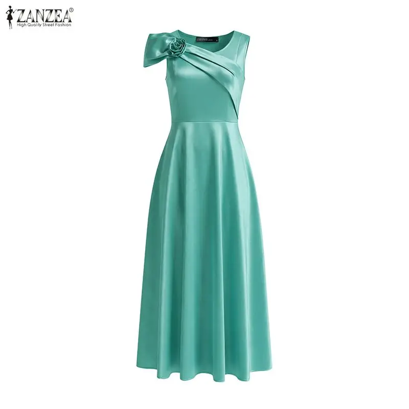 ZANZEA Robe de soirée de luxe pour femme, élégante, sans manches, en satin, avec fleurs 3D, coupe trapèze, pour l'été
