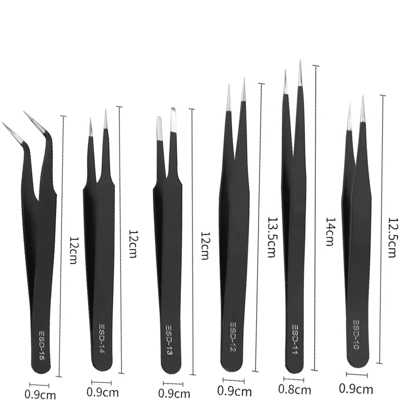 Precision ESD anti-static tweezers set -6-pc durable stainless steel tool for electronic repair and process modeling, bending&St view 6