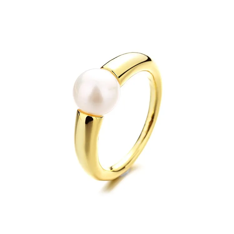 

RZ-4 ZFSILVER Silver S925 Fashion Trendy High Quality Gold Simple Round Freshwater Pearl Rings For Women Wedding Charms Jewelry