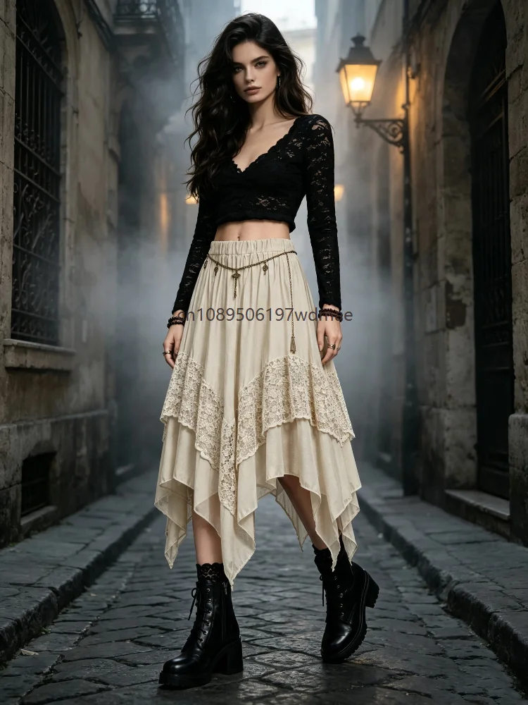 Vintage Lace Patchwork Asymmetrical Skirt Women Irregular Hem Flowy Midi Skirt Elastic Waist Gothic Cosplay Casual Long Skirts