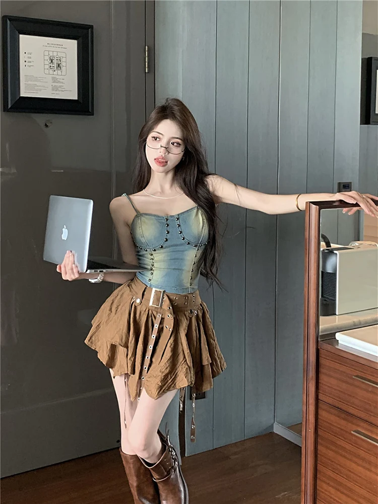 

Retro Fashion Heavy Slim Fit Denim Camisole Vest + Y2k High Waist Irregular Ruched Skirts Women Summer New 2- Piece Set