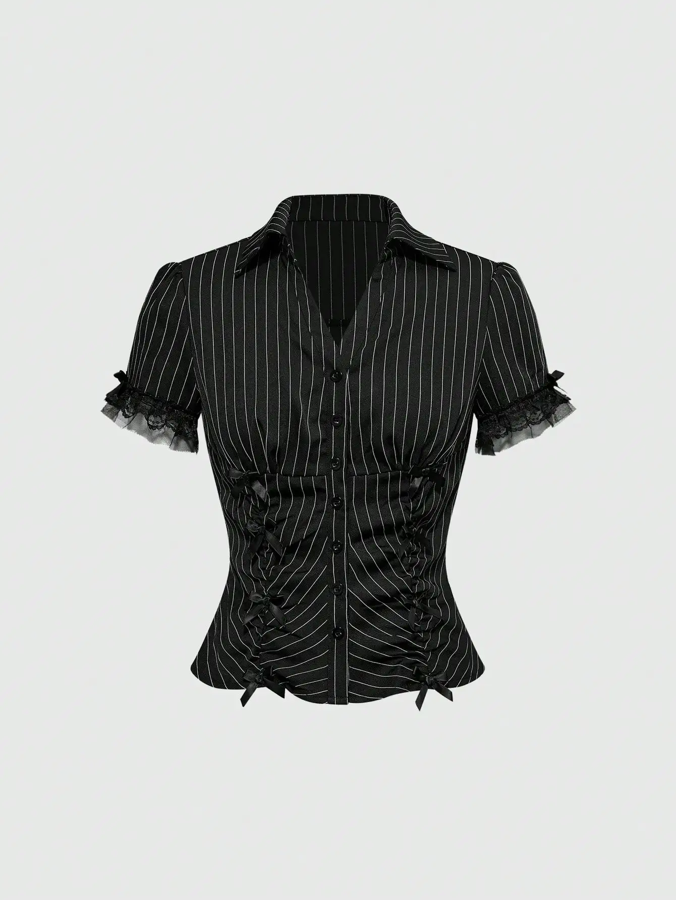 

Striped Slim Fit Blouse With Lace Trim And Bow Detail Short Sleeve