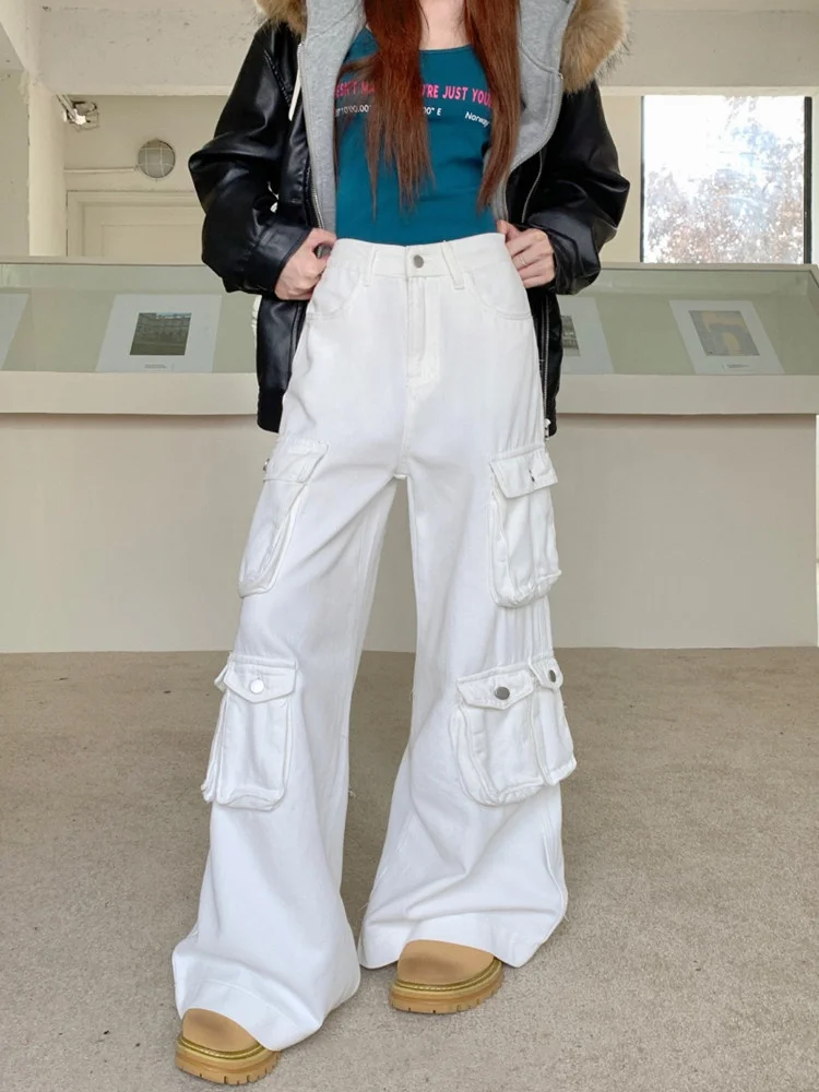 2024 Ropa Y2k Streetwear Multi Taschen weiße Baggy Jeans Hose für Frauen Designer Kleidung weites Bein gerade lässige Damen hose