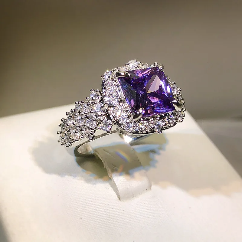 2022 NEW Fashuon Super Sparkling Amethyst Adjustable Opening Couple Rings For Women Purple Full Diamond Engagement Gift Jewelry
