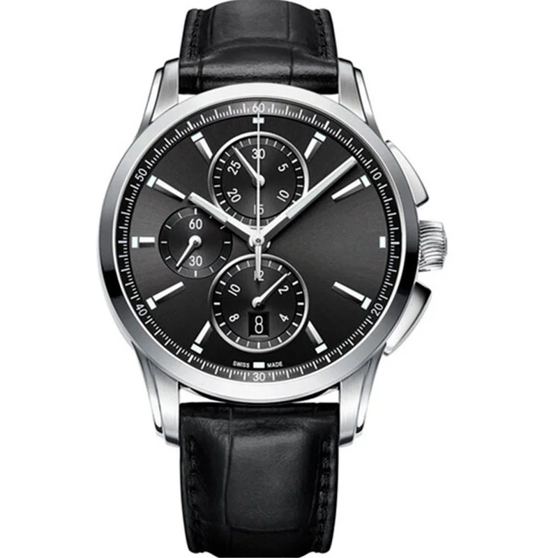 

Quartz Watch Multifunctional Timing Series Men's Casual Watch Three Timing Dials with 6 O'clock Calendar Function Leather Strap