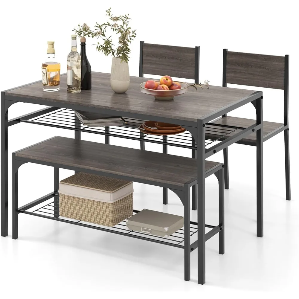 4 Pieces Dining Table Set, Kitchen Table and 2 Chairs for 4 with Bench, Storage Racks, Metal Frame & Space-saving Design, Indus