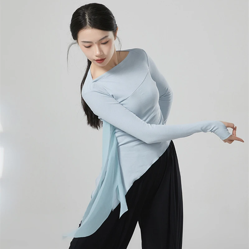 Women Modern Dance Top Long Sleeve Tulle Spliced Shirt Irregular Hem Latin Training Clothes Slim Top Thumb Hole Blouse Dancewear