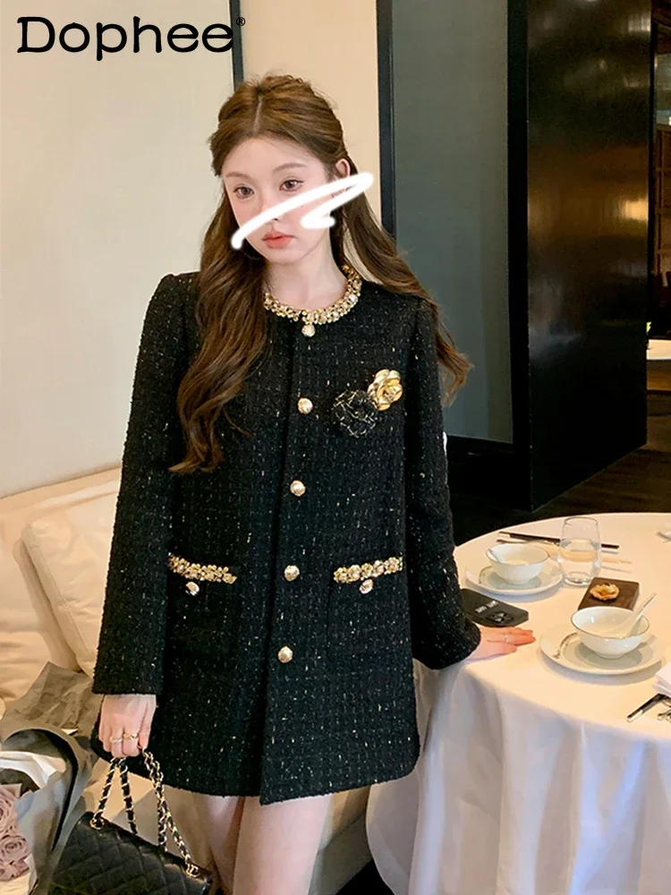 女性のためのダイヤモンドがちりばめられた織りコート,厚くて豪華なジャケット,ダイヤモンドがちりばめられた,クルーネック,ダイヤモンドの花,秋と冬