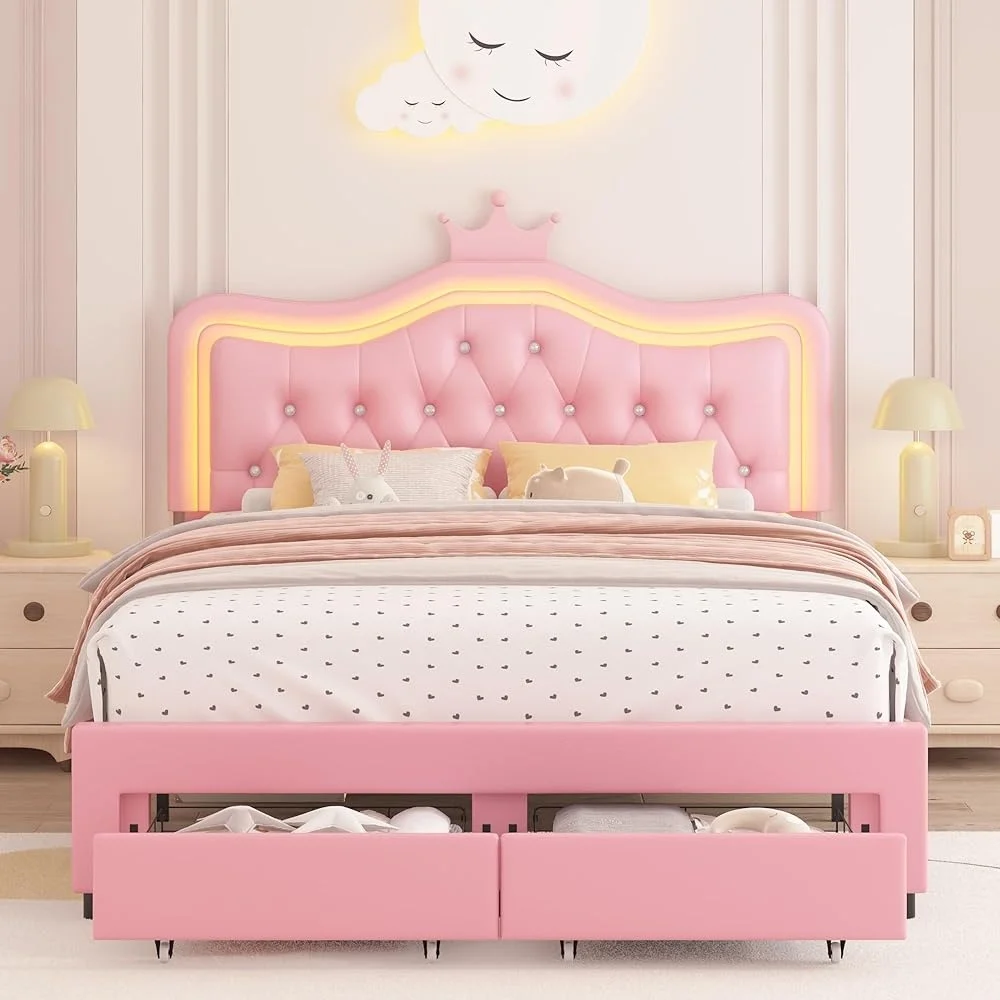 Full Upholstered LED Bed Frame with Storage Drawers Adjustable Crown Headboard Tufted Crystal Soft Leather Platform Bed