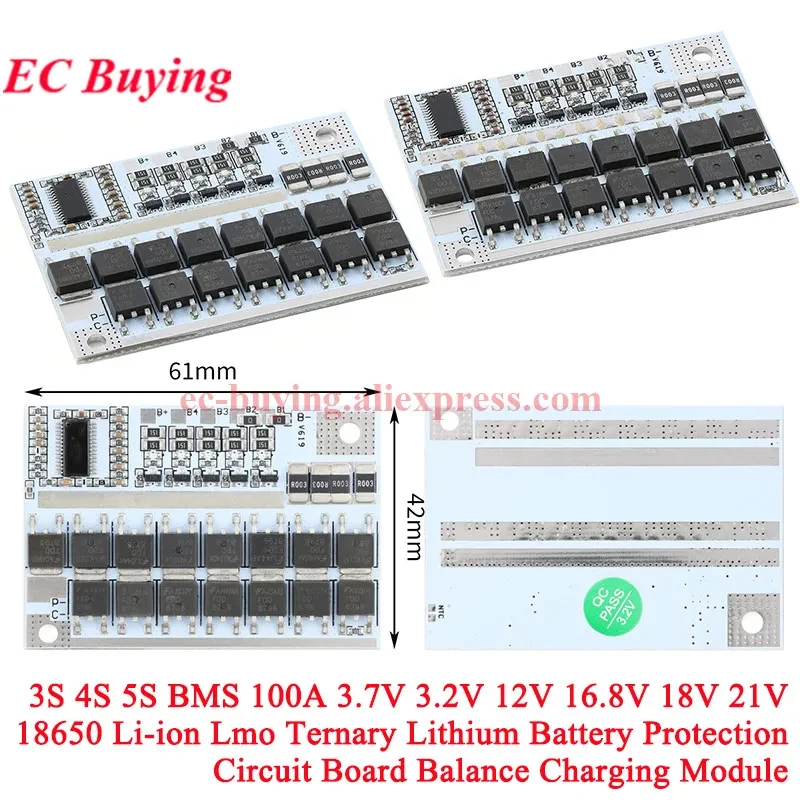 5S 4S 3S BMS 100A 21V 16.8V 12V 3.7V 18650 Li-ion LMO Ternary Lithium Battery Protection Circuit Board Li-polymer Balance Charge