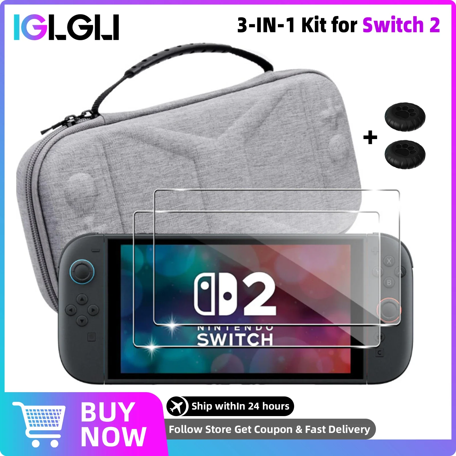 

3-IN-1 Accessories Kit for Nintendo Switch 2 (2025) Carrying Storage Case Bag,Screen Protector,Thumb Grips for Switch2 Bundle