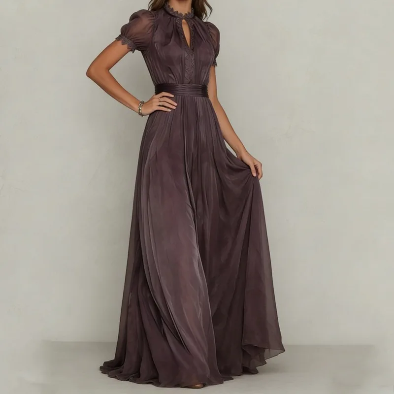Elegant Chiffon Lace Trim Midi Dress Stand Collar Neck Puff Sleeve Cinched Waist Draped A Line Flowy Women's Casual Dresses