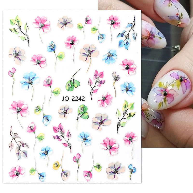 1Sheet 3D Nail Sticker Shining Glitter Watercolor Flower Splash Dot Line Decals Floral Leaf Self Adhesive Slider Nail Decoration