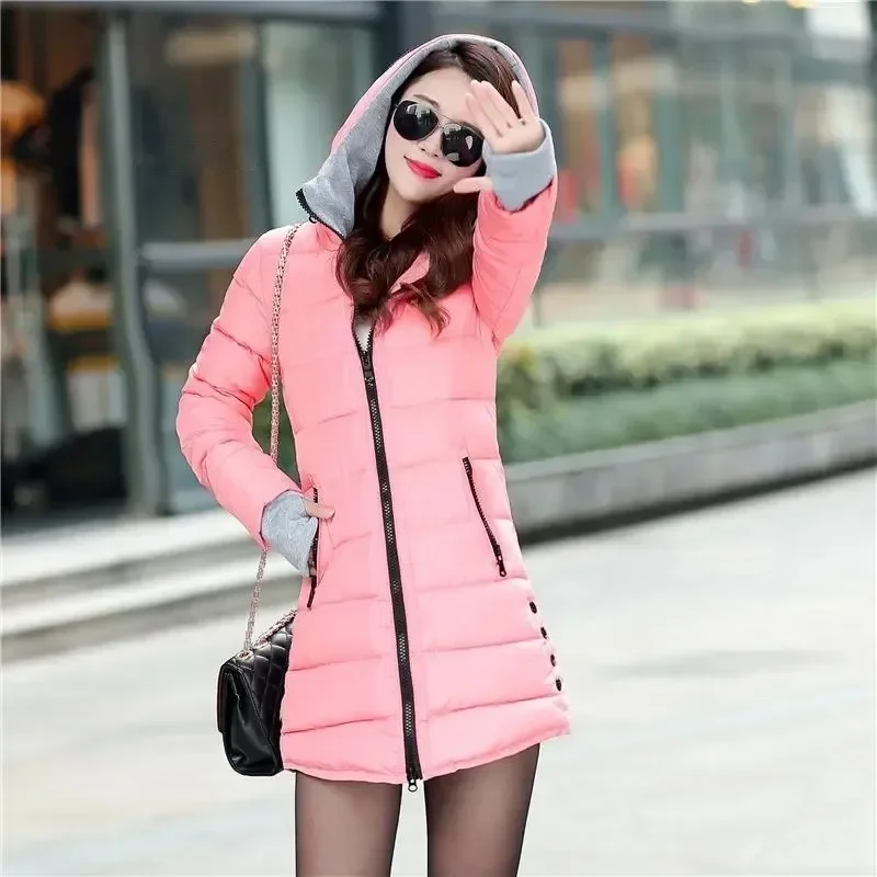 

2025 Winter Solid Jackets for Women Fashion cotton padded Parkas Casual Hooded Long Thicken Zipper Slim Fit Women Coat